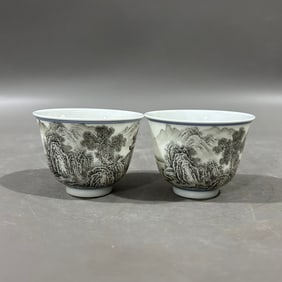 A Pair of Exquisite Ink Color Landscape and Figure Pattern Cups