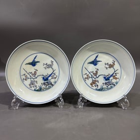 A Pair of Exquisite Doucai Flower and Bird Pattern Plates