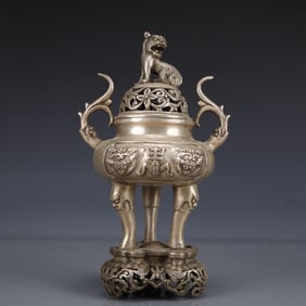 An Exquisite Silver-plated Bronze Bats Pattern Double-Ears and Tripod Censer
