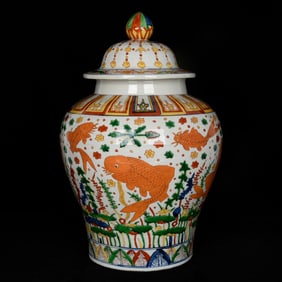 A Huge Blue and White Wucai Fish and Algae Pattern Cover Jar