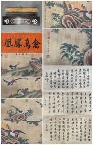 A Chinese Hand Scroll Ink Painting of Flower and Bird on Silk,Song Huizong