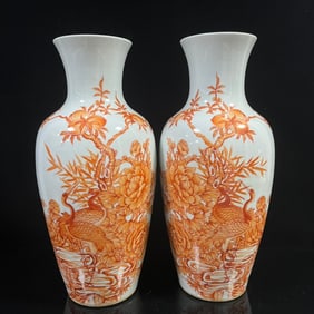 A Pair of Huge Iron-Red Glazed Flower and Bird Pattern Vases
