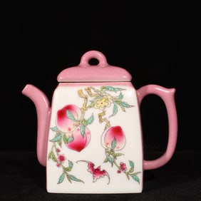 An Exquisite Pink Glazed Famille-Rose Bats and Peach Pattern Ewer,With Poem
