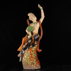 An Exquisite Tang Tri-Color Glazed Pottery Figure Pattern Ornament