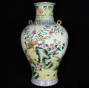 A Huge Enamel Flower and Bird Pattern Vase,with Poem
