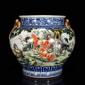 A Rare Famille-Rose Horse Pattern Vat, With Poem