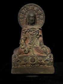 A Rare Limestone Painted Color Buddha Statue Ornament