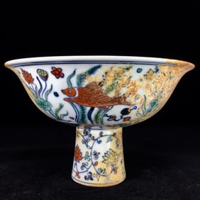 An Exquisite Doucai Fish Pattern Stem Bowl