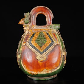 An Exquisite Tang Tri-Color Glazed Pottery Auspicious Beast Ewer