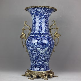 A Huge Blue and White Butterfly Pattern Inlaid Bronze Flower and Bird Double-Ears Vase