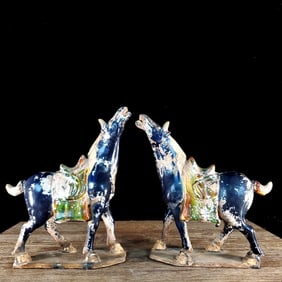 A Pair of Rare Tang Tri-Color Glazed Pottery Horse Ornaments
