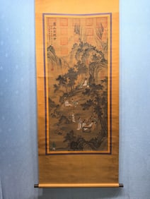 A Chinese Vertical Scroll Ink Painting of Landscape and Figure on Silk