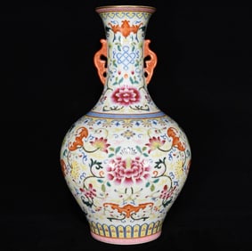 An Exquisite Famille-Rose Lotus Pattern Double-Ears Vase