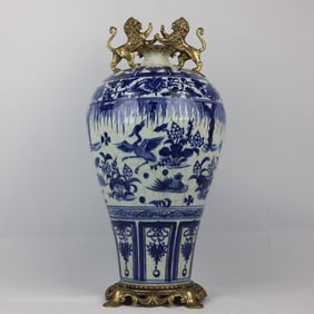 A Huge Blue and White Crane Pattern Inlaid Bronze Lion-Ears Vase