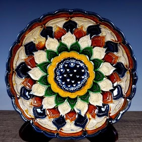 A Rare Tang Tri-Color Glazed Pottery Flower Pattern Brush Washer,with Poem