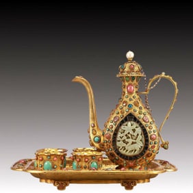 A Set of Rare Gilt Bronze Inlaid White Jade Flagon,Inlaid Turquoise