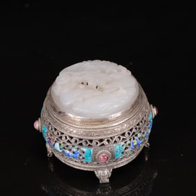 An Exquisite Silver Inlaid White Jade Flower and Bird Pattern Censer ,Inlaid Gems