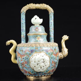 An Exquisite Cloisonne Inlaid White Jade Dragon and Phoenix Pattern Ewer