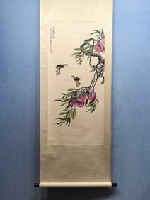 A Chinese Vertical Scroll Ink Painting of Bats and Peach on Paper