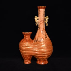An Exquisite Imitation Wood Grain Glazed Painted Gold Double-Ears Vase