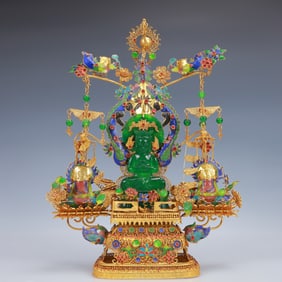 An Exquisite Filigree and Gilding Inlaid Jadeite Statue of Avalokitesvara,Inlaid Gems