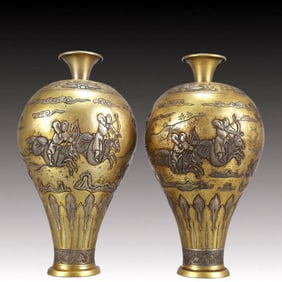 A Pair of Rare Gilt Bronze Hunting Pattern Vases