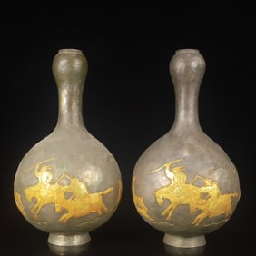 A Pair of Exquisite Gilt Silver Figure Pattern Vases,with Poem