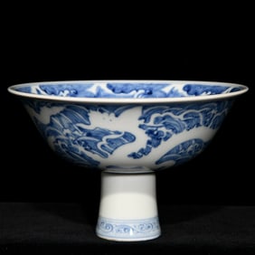 A Exquisite Blue and White Seawater and Dragon Pattern Stem Bowl
