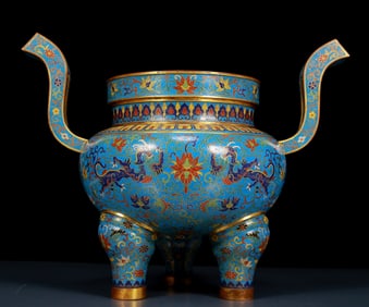 An Exquisite Cloisonne Lotus and Dragon Pattern Double-Ears and Tripod Censer
