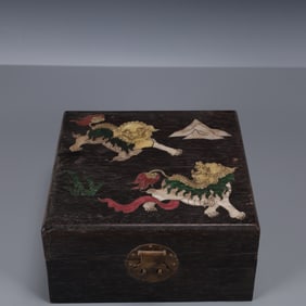 An Exquisite Zitanwood Inlaid Gems Lion Pattern Box