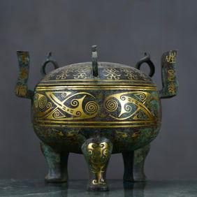 An Rare Bronze Inlaid Gold Double-Ears and Tripod Jar with Cover,With Inscription