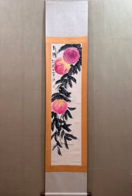 A Chinese Vertical Scroll Ink Painting of Peach on Paper,Qi Baishi