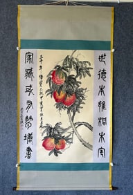 A Chinese Vertical Scroll Ink Painting of Peach on Paper