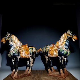 A Pair of Rare Tang Tri-Color Glazed Pottery Horse Ornaments