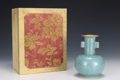 An Exquisite Ru yao Sky Blue Glazed Painted Gold Double-Ears Vase