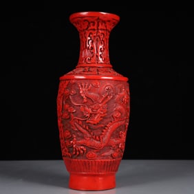 An Exquisite Carved Red Lacquer Auspicious Cloud and Dragon Pattern Vase