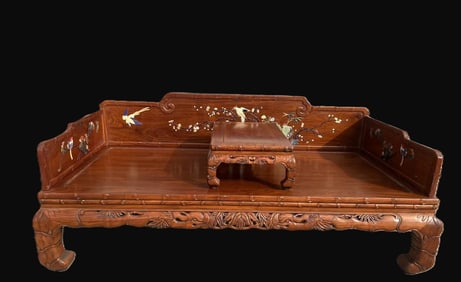 A Huge Huanghuali wood Flower and Bird Pattern Bed,Inlaid Gems