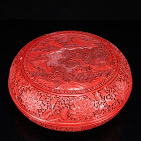 A Rare Carved Red Lacquer Landscape and Figure Pattern Box with Cover