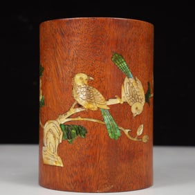 An Exquisite Huanghuali Wood Flower and Bird Pattern Brush Pot