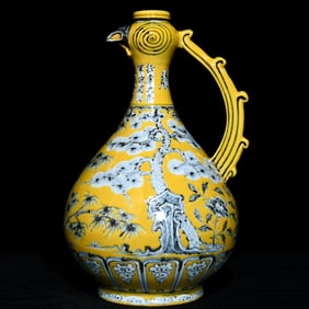 An Exquisite Yellow Ground Blue and White Pine,Bamboo and Plum Blossom Pattern Vase