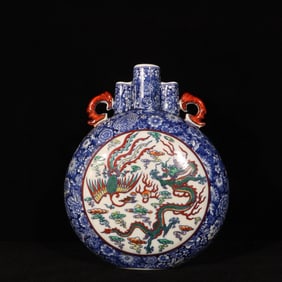 An Exquisite Blue and White Doucai Dragon and Phoenix Pattern Double-Ears Vase