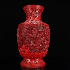 A Huge Carved Red Lacquer Seawater and Dragon Pattern Vase