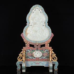 An Exquisite Cloisonne Inlaid White Jade Figure Pattern Table Screen,with poem