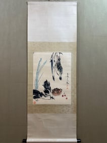 A Chinese Vertical Scroll Ink Painting of Fish on Paper,Wang Xuetao