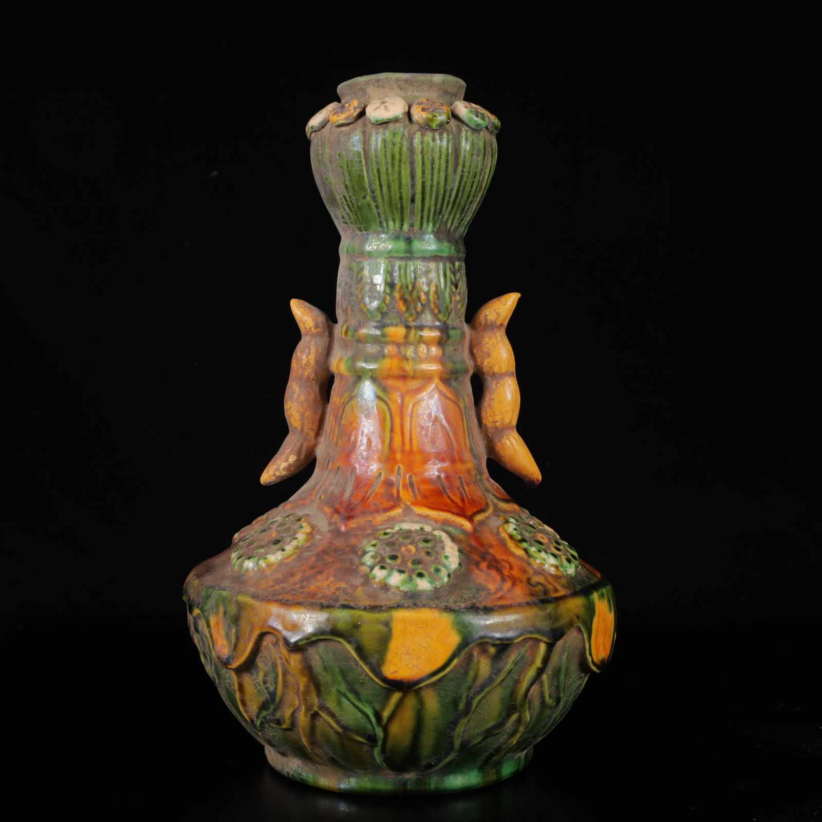 An Exquisite Tang Tri-Color Glazed Pottery Double-Ears Flower Pattern Vase: An Exquisite Tang Tri-Color Glazed Pottery Double-Ears Flower Pattern Vase,Tang Dynasty,China,Size:10.2inx6.7inx6.7in,Weight:850g 唐三彩双耳花卉纹ல