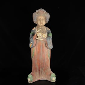An Exquisite Tang Tri-Color Glazed Pottery Figure Pattern Ornament