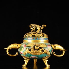 An Exquisite Cloisonne Flower and Crane Pattern Elephant-Ears Beast-Legs Censer