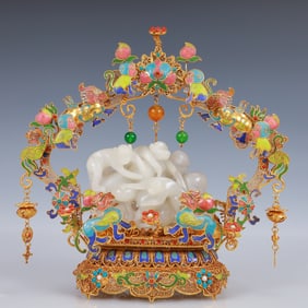 An Exquisite Filigree and Gilding Inlaid White Jade Monkey Ornament,Inlaid Gems