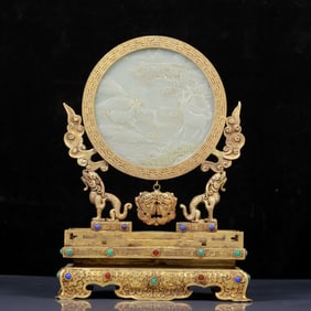 A Rare Gilt Bronze Inlaid White Jade Sika Deer Pattern Table Screen, Inlaid Turquoise