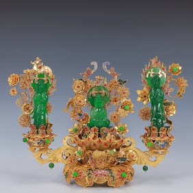 A Set of Fine Filigree and Gilding Inlaid Jadeite Statues of Avalokitesvara,Inlaid Gems